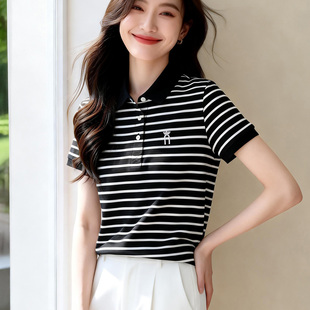 夏季纯棉条纹polo衫女士 中年妈妈装短袖翻领休闲黑白撞色T恤上衣