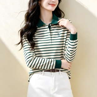 条纹长袖polo衫女 2026春秋新款撞色翻领显瘦百搭休闲女士打底T恤