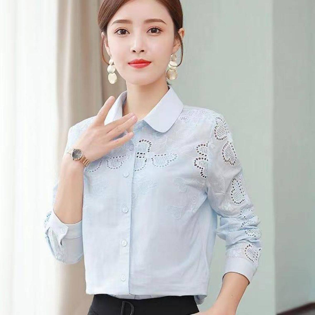 绣花纯棉衬衫女长袖春秋时尚纯色修身打底衫上衣洋气女士衬衣韩版