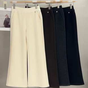 欧货新品贝壳扣秋冬羊绒白色软糯喇叭裤女高腰垂感显瘦微喇直筒裤