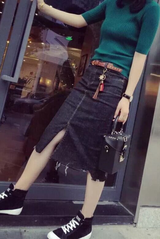 半身裙 2019新品牛仔裙中裙女下摆毛边开叉中长款弹力半身包臀裙|ruв категории Женская одежда, юбка - от Buy2taobao.com для оказания профессиональной услуги покупки агента Taobao