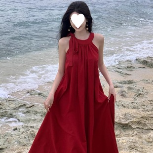 法式 云南三亚海边度假氛围感 度假风无袖 挂脖红色连衣裙女夏季