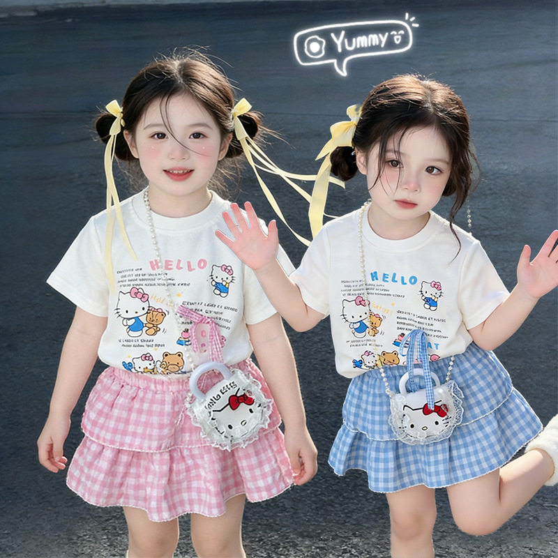 女童夏季新款卡通套装宝宝多巴胺卡通凯特短袖格子半身裙可爱套装