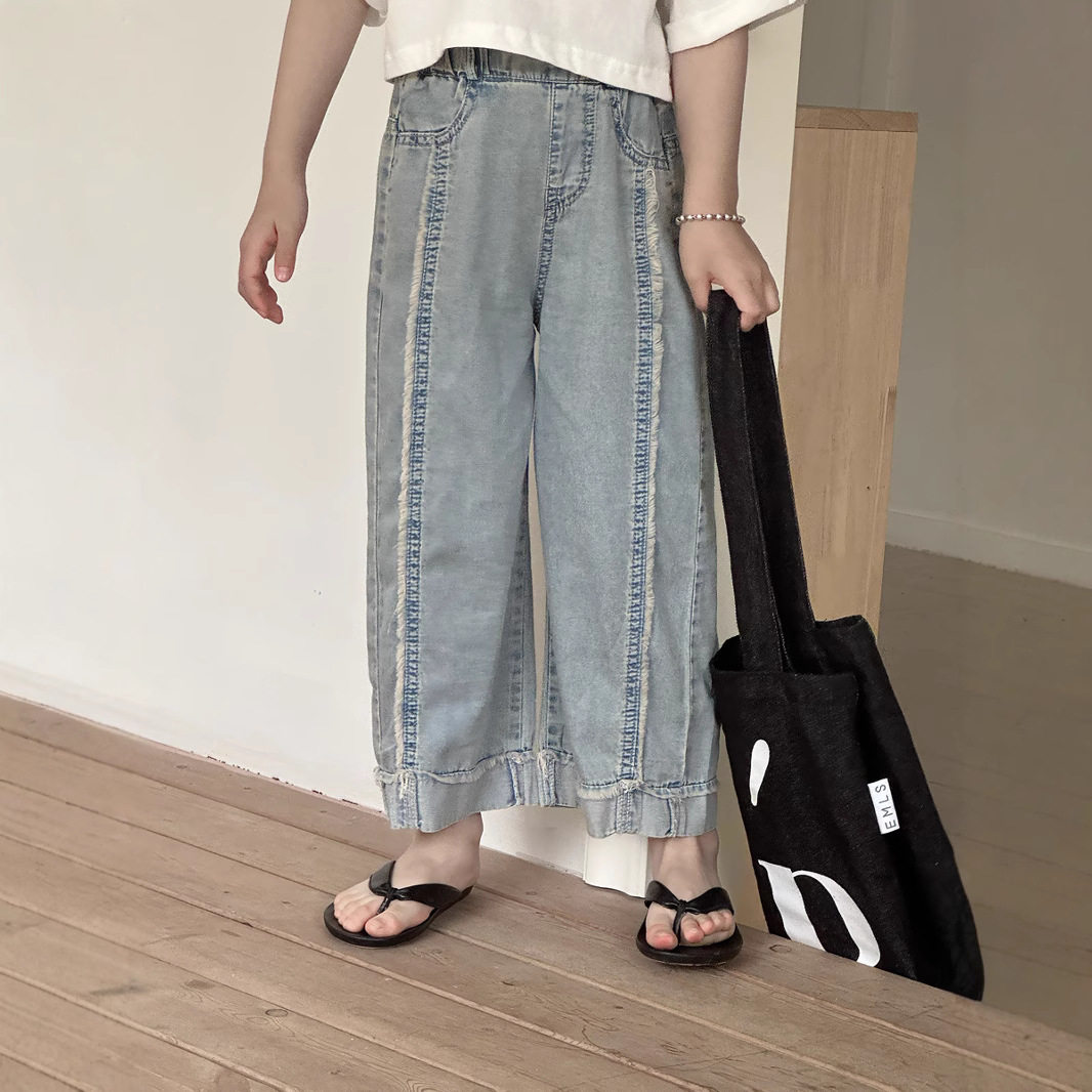 瑜瑜公主 女童夏季新款薄款牛仔裤 儿童毛边杠杠直筒裤翻边牛仔裤