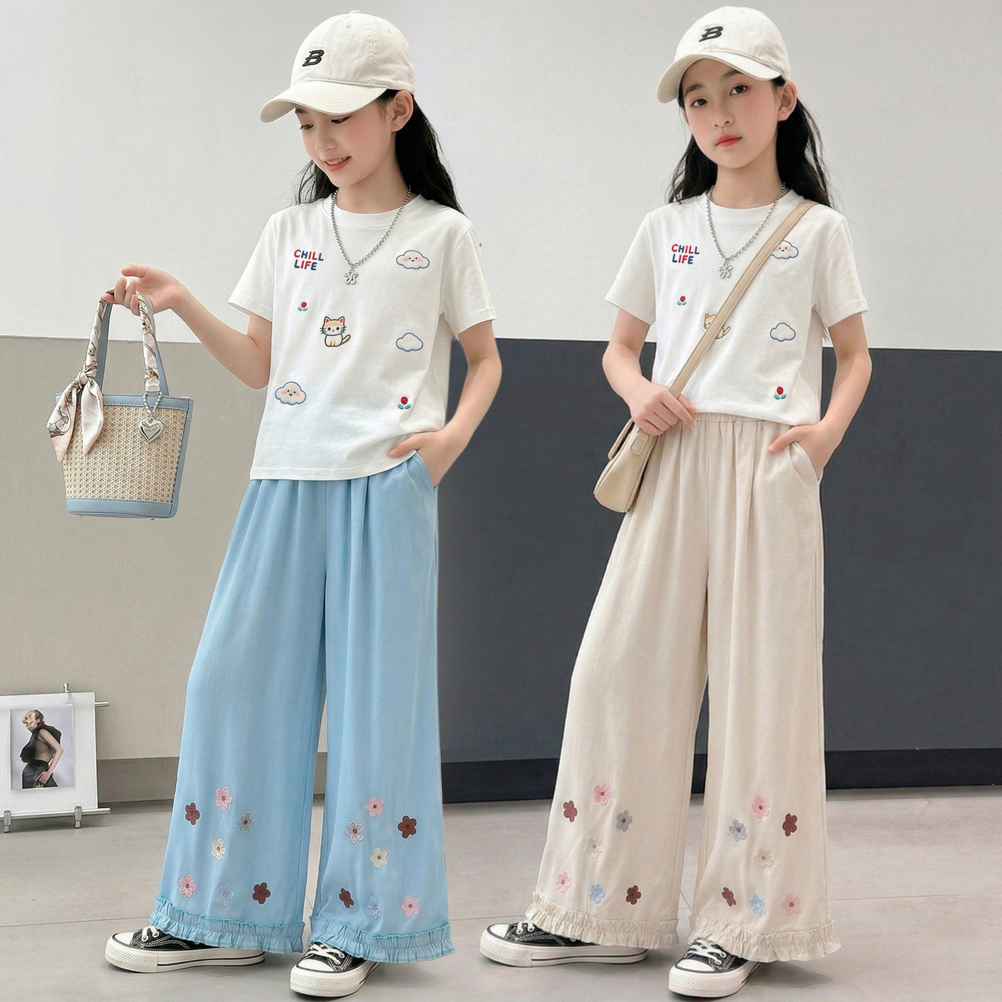 女童夏季套装2026新款儿童洋气时髦儿童短袖上衣中大童休闲阔腿裤