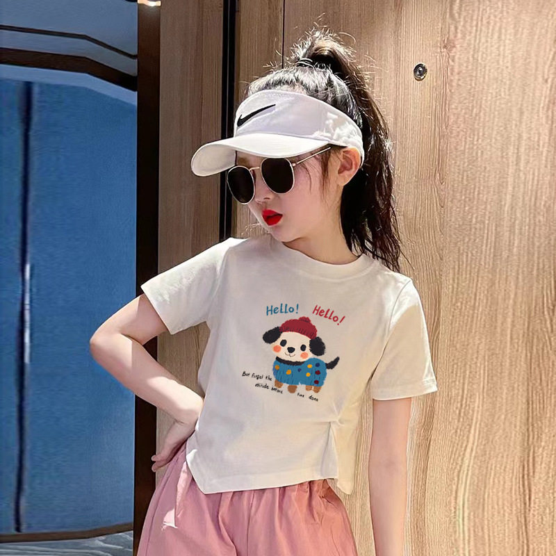 爆款女童纯棉短袖T恤夏装女孩韩版白色修身短款不规则卡通上衣