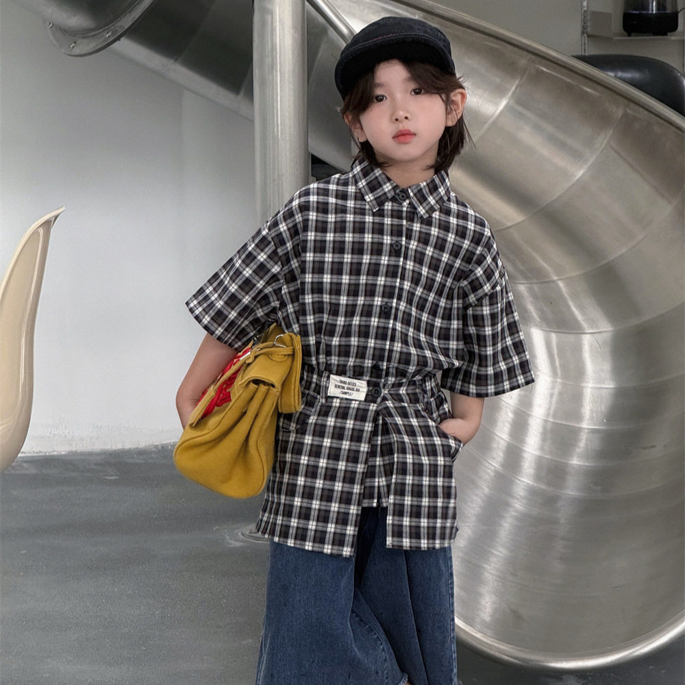 奶酪与喵男童上衣2026夏季新款儿童衬衫收腰设计两件套格子上衣