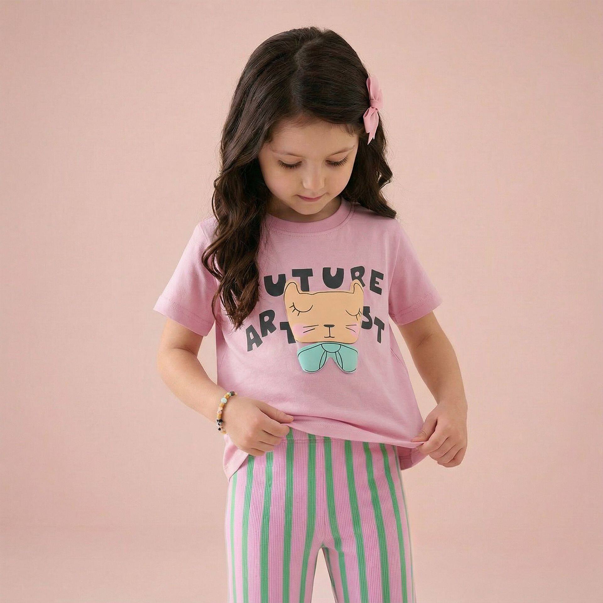 夏季新款女童短袖T欧美时尚卡通猫咪小童印花儿童圆领跨境货源