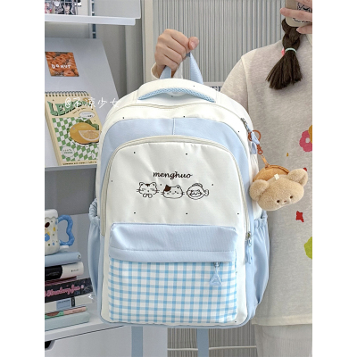 可爱卡通小猫多巴胺书包高中学生大容量双肩包波点撞色初中生背包