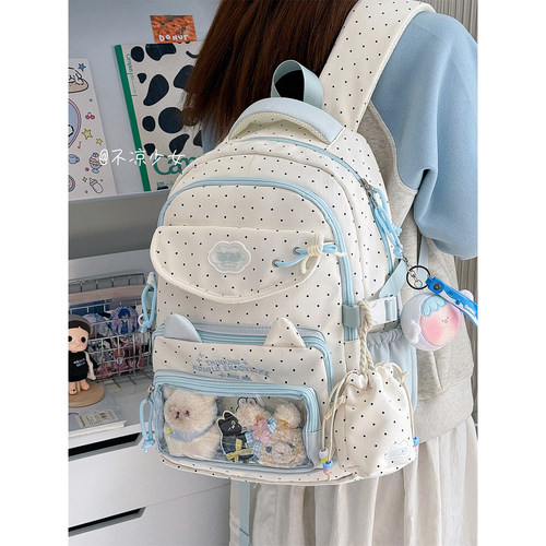 可爱波点猫咪初中生书包女高中大容量学生双肩包少女透明痛包娃包