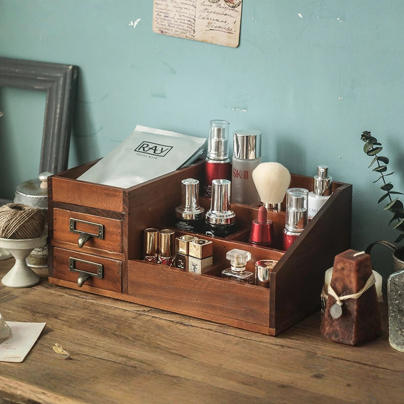 复古桌面办公室木制木质创意收纳盒抽屉式护肤化妆品整理盒置物架