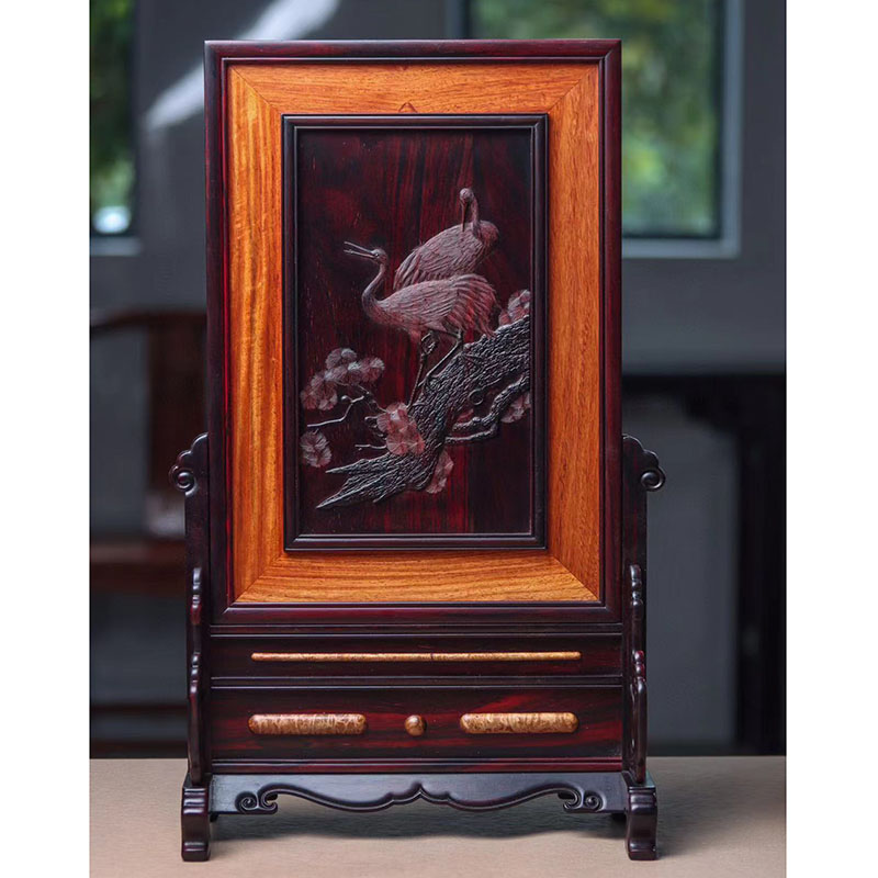 红木雕刻松鹤延年花鸟屏风插屏摆件竖屏台屏创意家居木雕装饰礼品