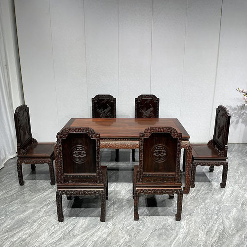 大红酸枝长方形孔雀餐桌7件套明清古典交趾黄檀 实木家具红木饭桌