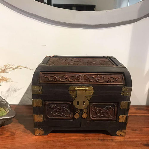 紫光檀嵌酸枝嫦娥奔月首饰盒镜箱国风红木复古风结婚珠宝收纳盒