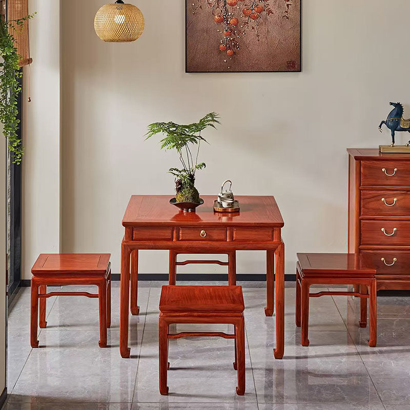 缅甸花梨休闲桌五件套红木泡茶桌棋牌桌全实木中式方餐桌椅组合