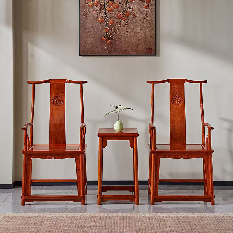 缅甸花梨四出头官帽椅三件套中式家用会客椅全实木围椅红木家具