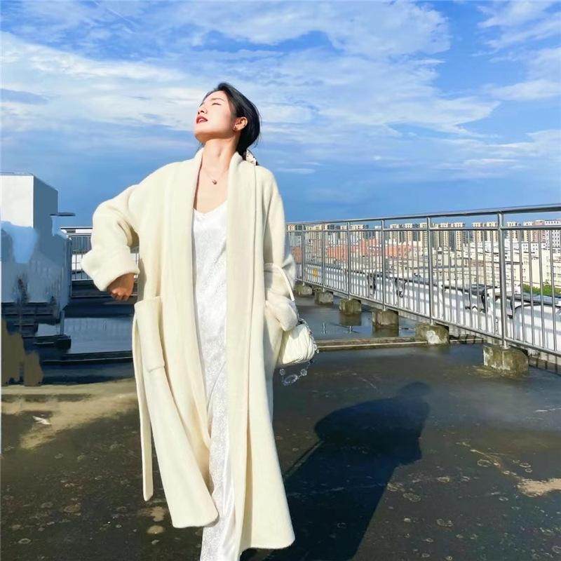 新款睡袍双面羊绒大衣女桑蚕丝高货青果领系带浴袍款加厚毛呢外套
