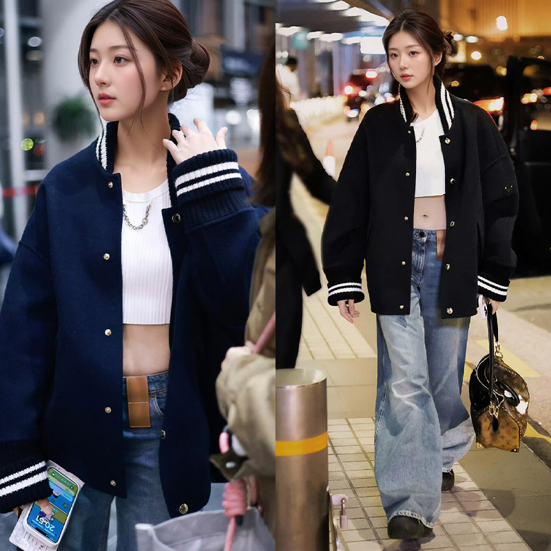 [做货中]卢昱晓同款藏蓝色撞色罗纹宽松百搭高档毛呢棒球服外套女