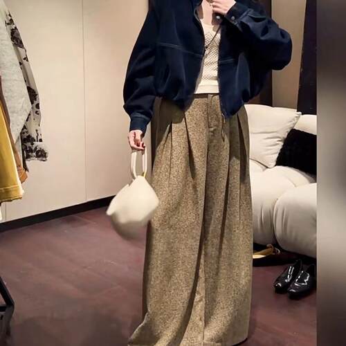 长裤自然腰长裤阔腿裤花呢