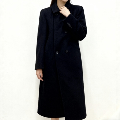 正确版RA小众设计  “男友”双排扣正肩羊毛呢长款大衣 黑色