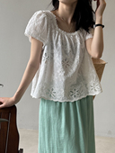 法式 重工刺绣镂空短袖 娃娃衫 Dakiyo 女 减龄花边遮肉宽松方领上衣