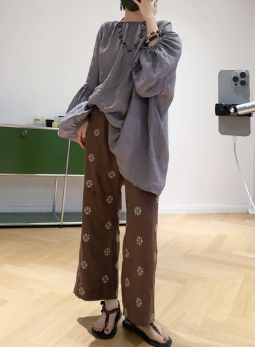 OWISH 奈良少女 重磅刺 定纺天丝棉麻超显瘦清凉微喇长裤遛弯裤