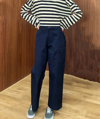 工装口袋裤藏色直筒九分裤