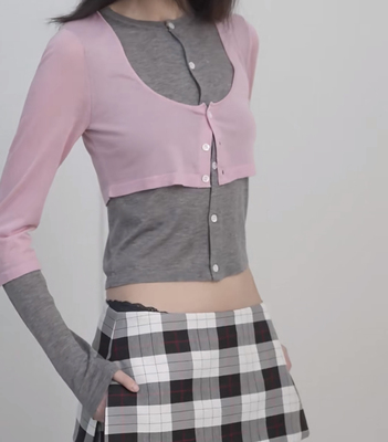 正确版还原RARE U领2-in-1叠穿天丝羊毛修身长袖两件套