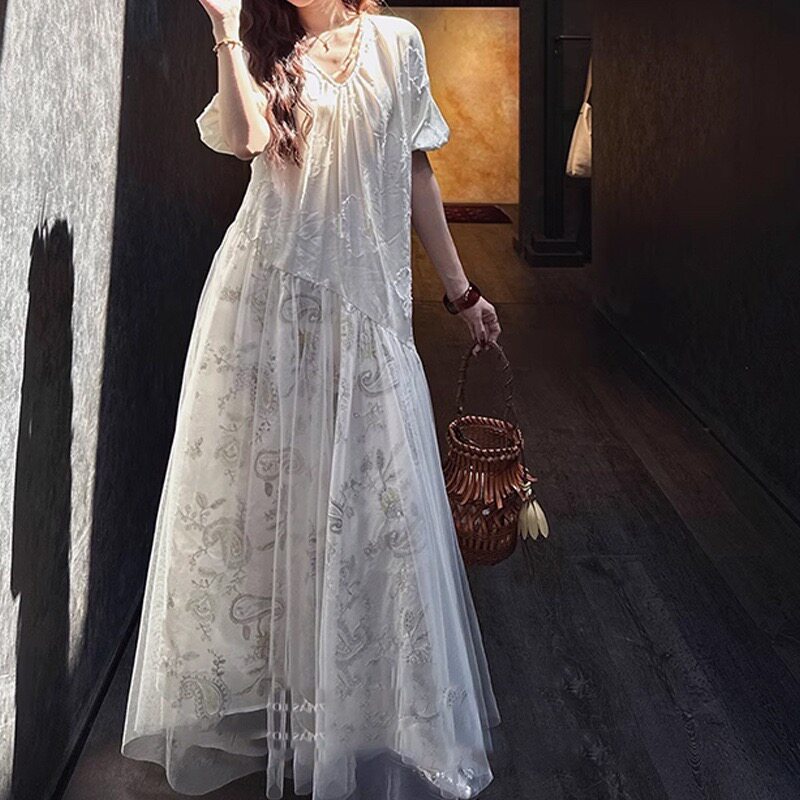 现货三吉【采桑子】新中式国风连衣裙子女夏2025新款天丝剪花长裙