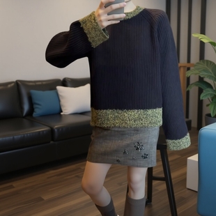 sage 撞色边羊毛坑条长袖毛衫圈圈纱毛织帽