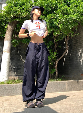 IC独家 街头～Navy藏蓝色黑白粉橙橘暗绿色90s复古超宽松纸袋裤夏