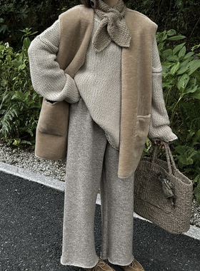 Owish 燕麦拿铁 超显瘦保暖羊毛混纺针织九分直筒卫裤秋冬遛弯裤