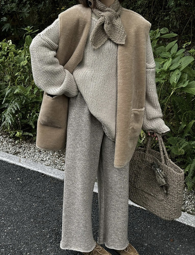 Owish 燕麦拿铁 超显瘦保暖羊毛混纺针织九分直筒卫裤秋冬遛弯裤