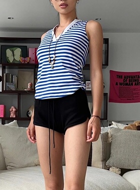 alright  修身海军蓝条纹V领拼接无袖小衫
