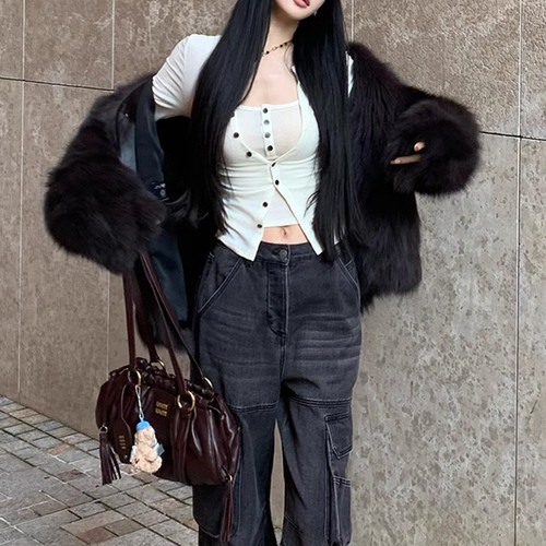 FBB 正确版冬季新款时髦真两件T恤女天丝羊毛修身开衫背心两件套