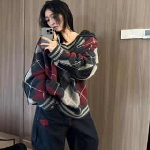 赵露思同款 上衣 慵懒毛衣外套女冬季 菱格拼色格纹高级感连帽针织衫