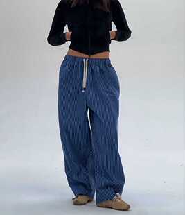 ECHOADE时髦随性 宽松简约撞色腰绳自带堆积感设计蓝格阔腿休闲裤