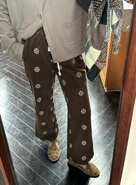 Owish 奈良少女秋冬 日本超细灯芯绒马赛克刺绣微喇超显瘦长裤