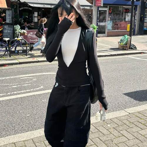 RARELY 正确版高品质可调节V领修身针织上衣 黑色/咖色/碳灰