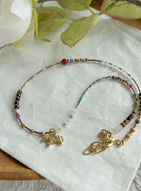 小众设计感美拉德金色小马吊坠玛瑙虎眼石天然石波西米亚风项链女