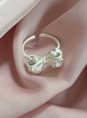 温柔法式轻奢小众蝴蝶结开口戒指女百搭气质少女蓝钻银色指环好看