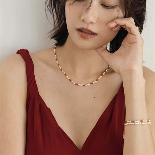 savi同款红白拼色天然珍珠项链女高级感礼物小米珠气质百搭锁骨链