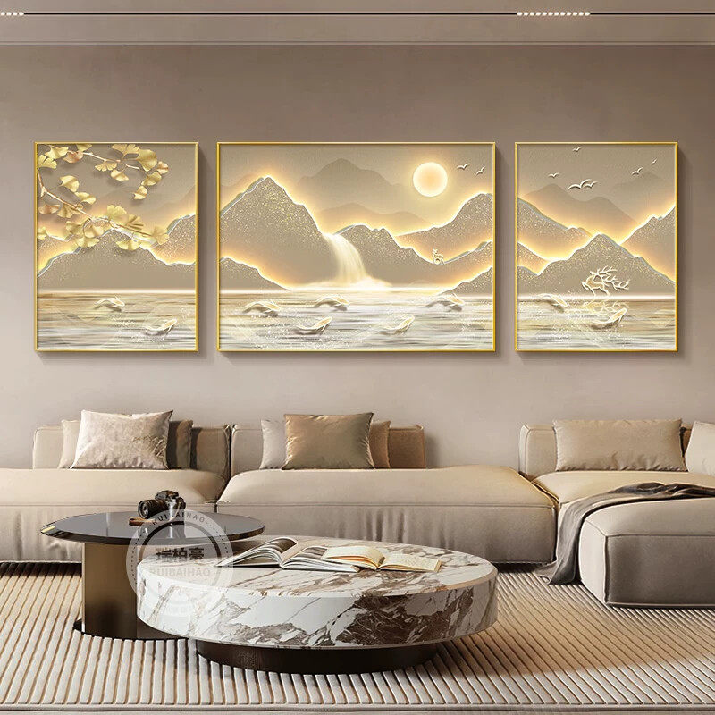新中式山水画客厅装饰画三联画