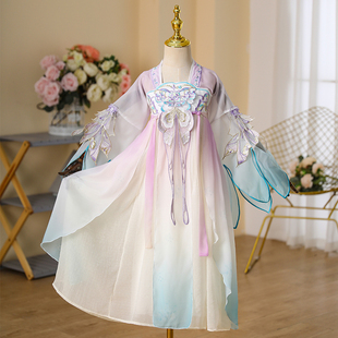 国庆节梦蝶女童汉服夏款儿童超仙短袖古装襦裙国风仙女连衣裙重工