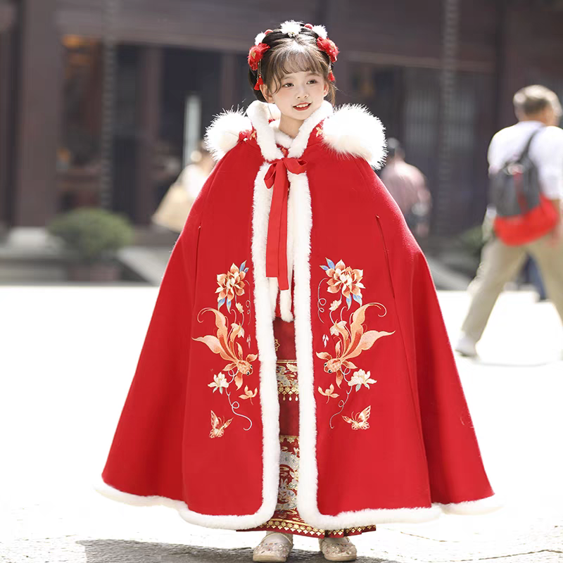 女童冬季喜庆保暖加绒防风外出斗篷长款中国风女宝万圣节汉服披风