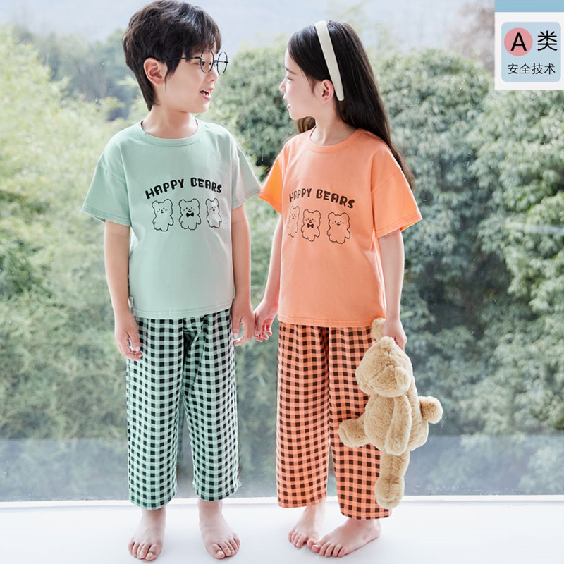 儿童家居服套装纯棉春夏季莱卡短袖长裤男童薄款小孩女童睡衣夏款