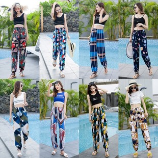 夏季 棉绸薄款 冰丝睡裤 束脚花长裤 沙滩裤 子大人造棉灯笼裤 女防蚊裤
