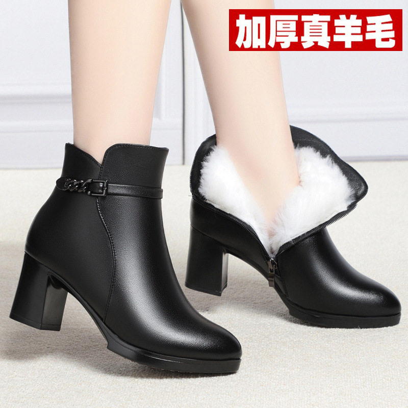 真皮妈妈棉鞋女鞋冬加绒高跟鞋短靴女士厚底白色靴子羊毛皮鞋棉靴