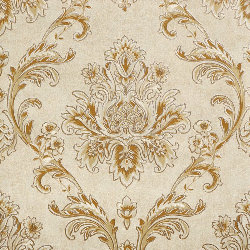 深红色大欧式花壁纸 卡其色浅黄色欧式大马士革墙纸 欧式ab版条纹