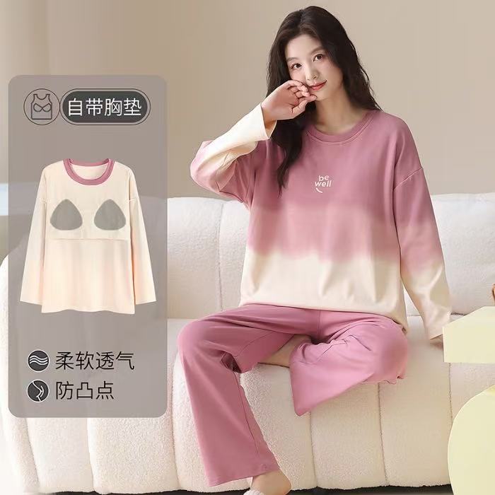 2025新款情侣睡衣带胸垫圆领套头棉质卡通图案睡衣一男一女家居服
